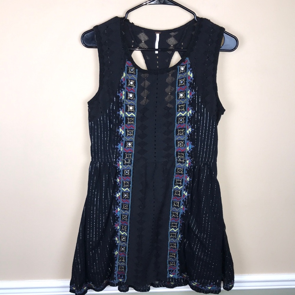 Free People Women’s Aztec Boho Embroidered Crochet Knit Metallic Stripe Dress